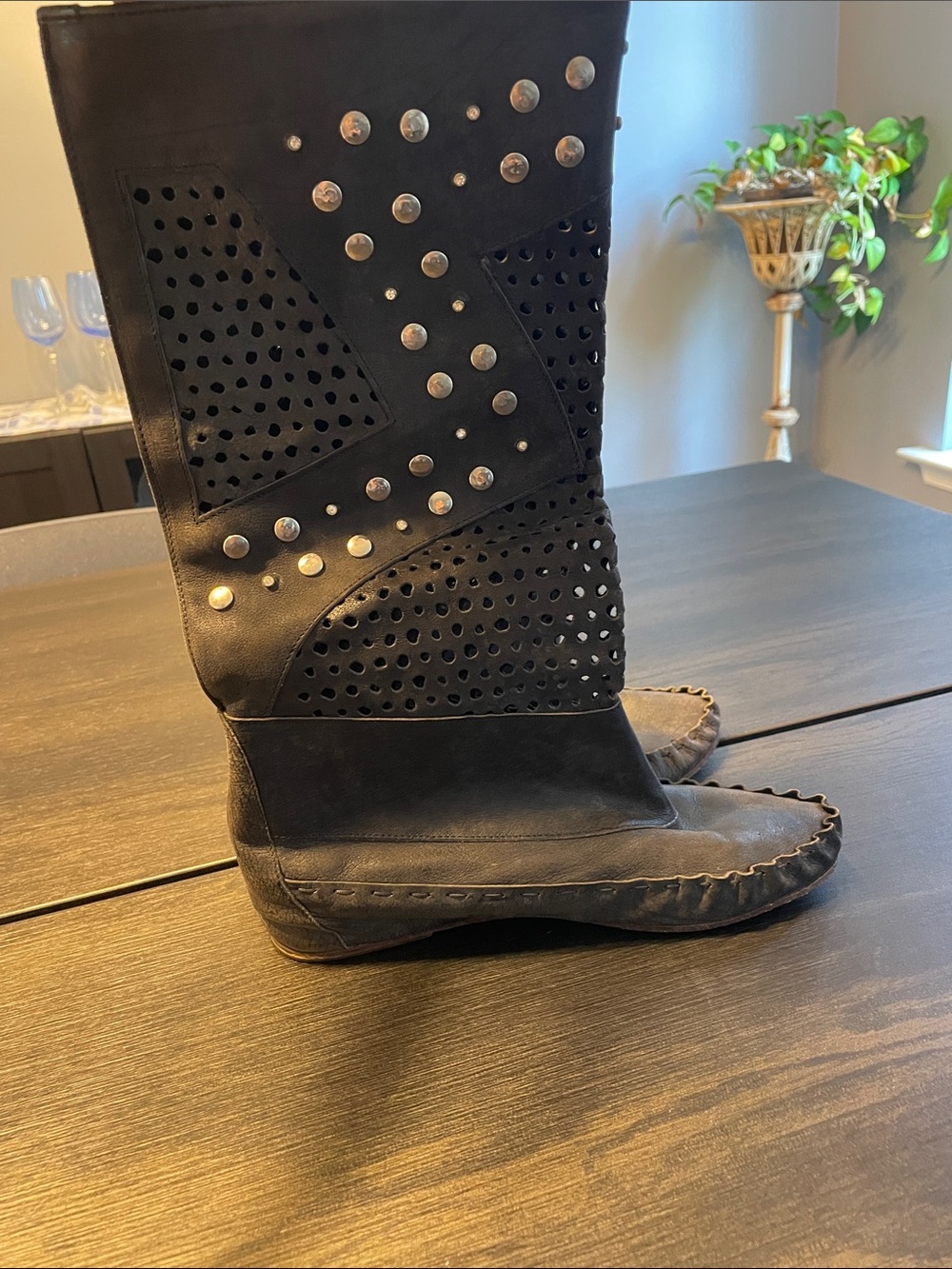 Gianni Bini Black Studded Perforated moccasin boots